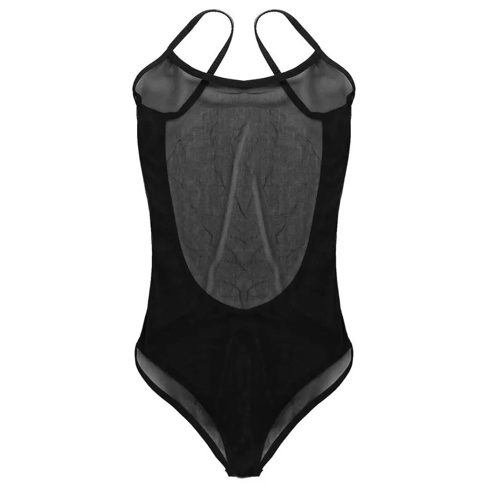 Womens Sexy See Through Sheer Mesh One-piece Lingerie Deep U Neck Backless Spaghetti Shoulder Straps Leotard Teddy Bodysuit