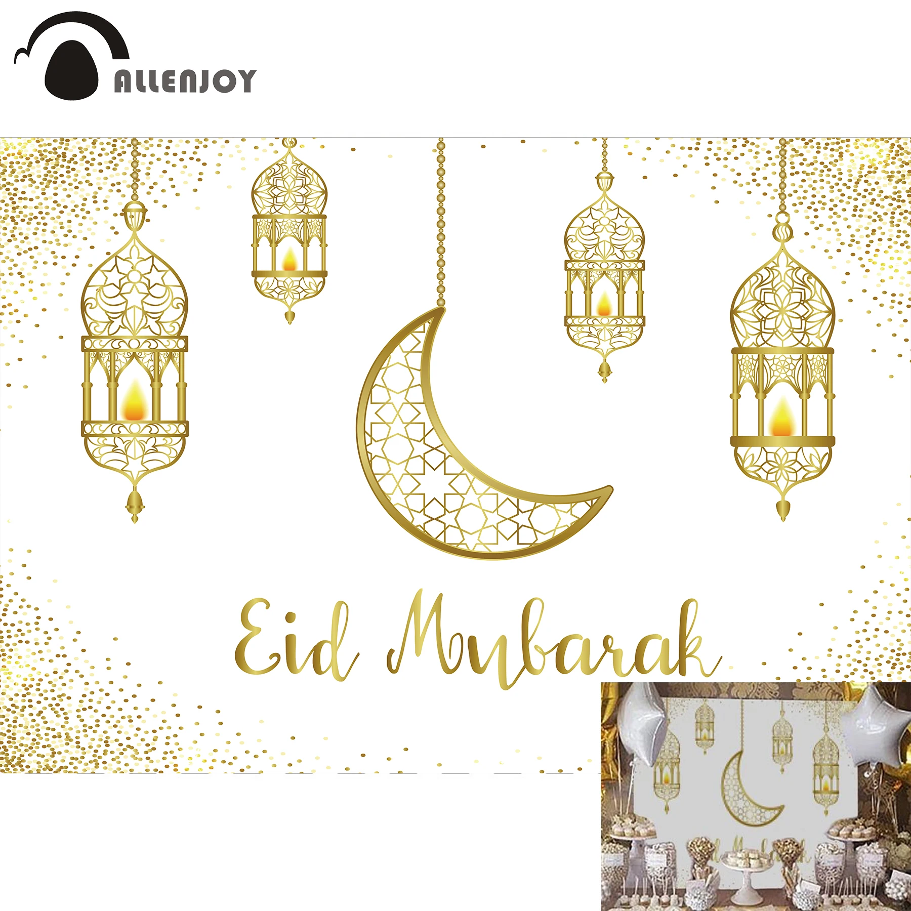 Allenjoy Ramadan Kareem backdrop Eid Mubarak 2022 golden moon Islamic Hanging Lamps white vinyl photophone wallpaper background