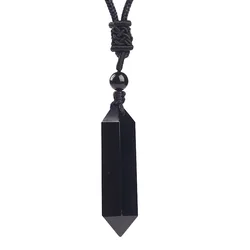 Natural Black Obsidian Stone Pendants Hexagonal Prism Pendant Sweater Chain Necklace Safe Lucky For Women Men Fashion Jewelry