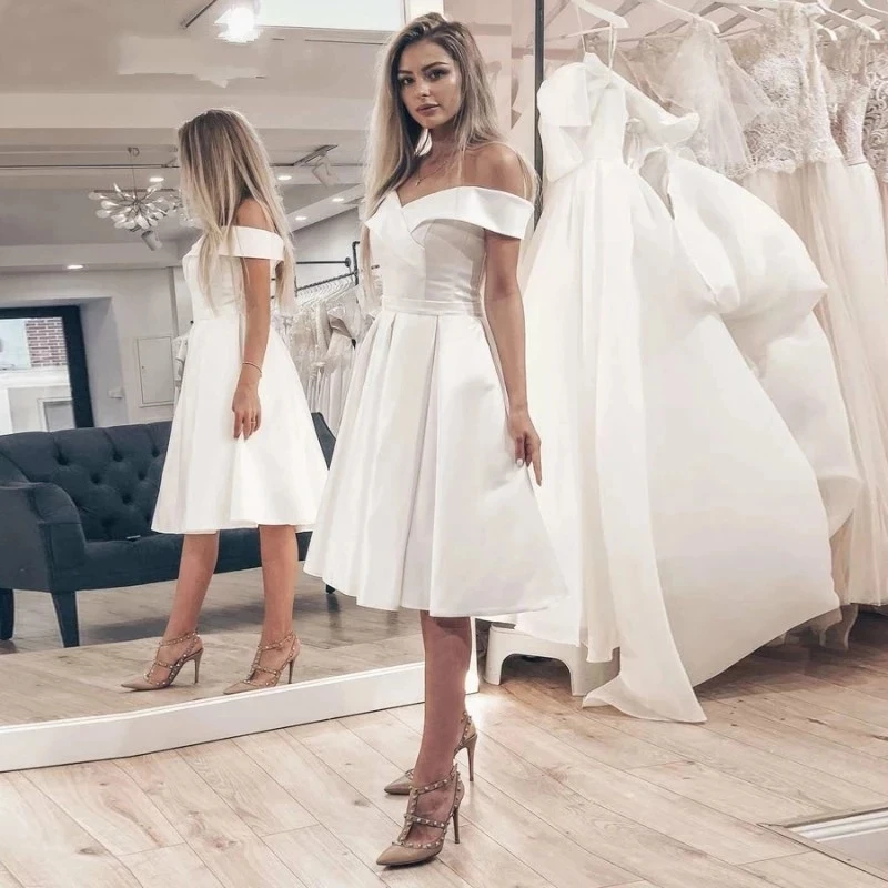 Angelsbridep – Robe De Soirée en Satin, épaules dénudées, Design Simple, coupe trapèze, courte, Robe De Mariage