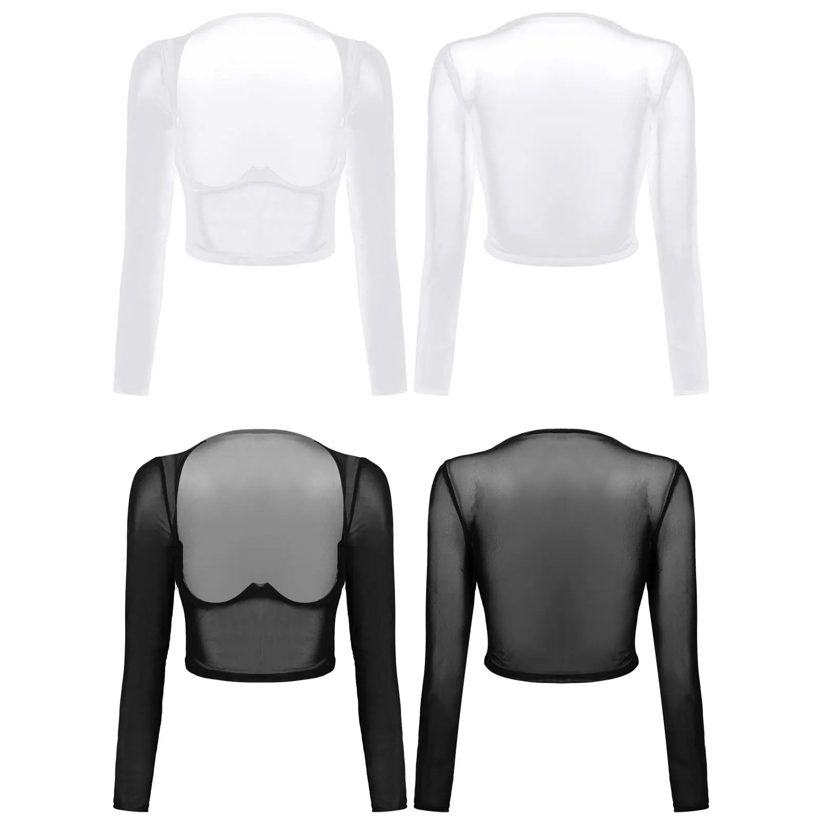 Womens Long Sleeve Sheer Mesh Open Front Crop Tops Tee Shirt Blouse See Through Slim Fit T-Shirt Undershirt Lingerie Clubwear