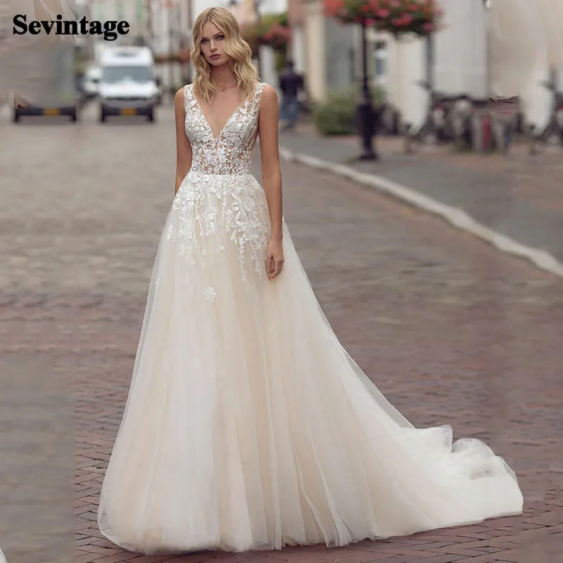 Elegante vestido de novia con cuello en V para playa, vestidos de novia bohemios con apliques de encaje, Espalda descubierta, Princesa de talla grande, vestidos de fiesta de boda, tren de corte