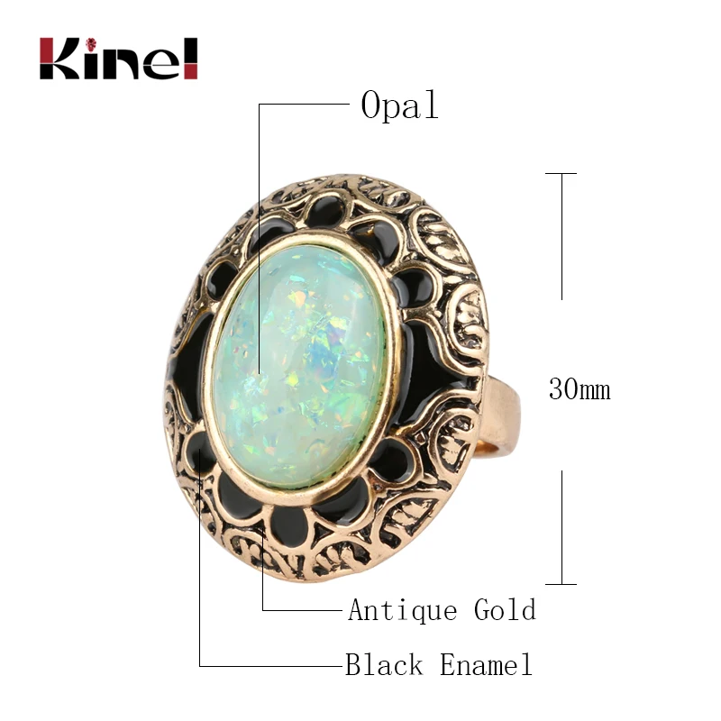 Kinel Hot Vintage Opal Stone Rings For Women Fashion Antique Gold Black Enamel Oval Ring Bohemian Jewelry