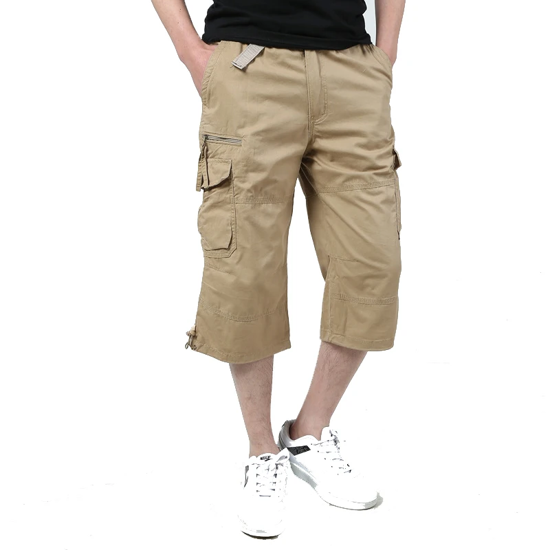 Men's Summer Breeches Long Shorts with Pockets Military Zipper Cargo Shorts Tactical Bridges Short for Men Army Green Khaki