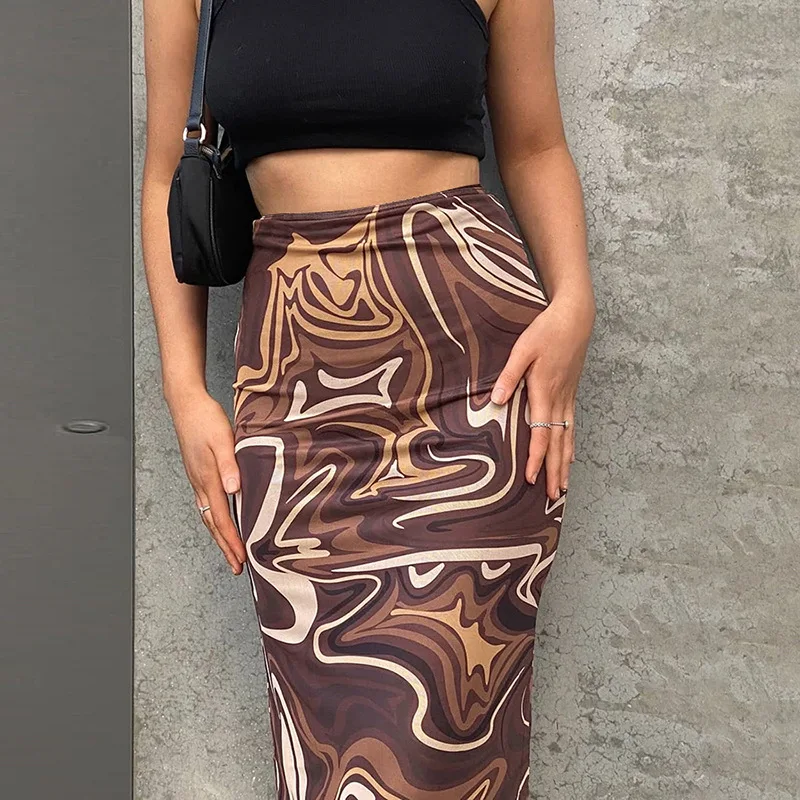 90s Vintage Brown Paisley Print Midi Skirt Elegant Lady Korean Style Women High Waist Wrap Bodycon Skirt Fashion Streetwear