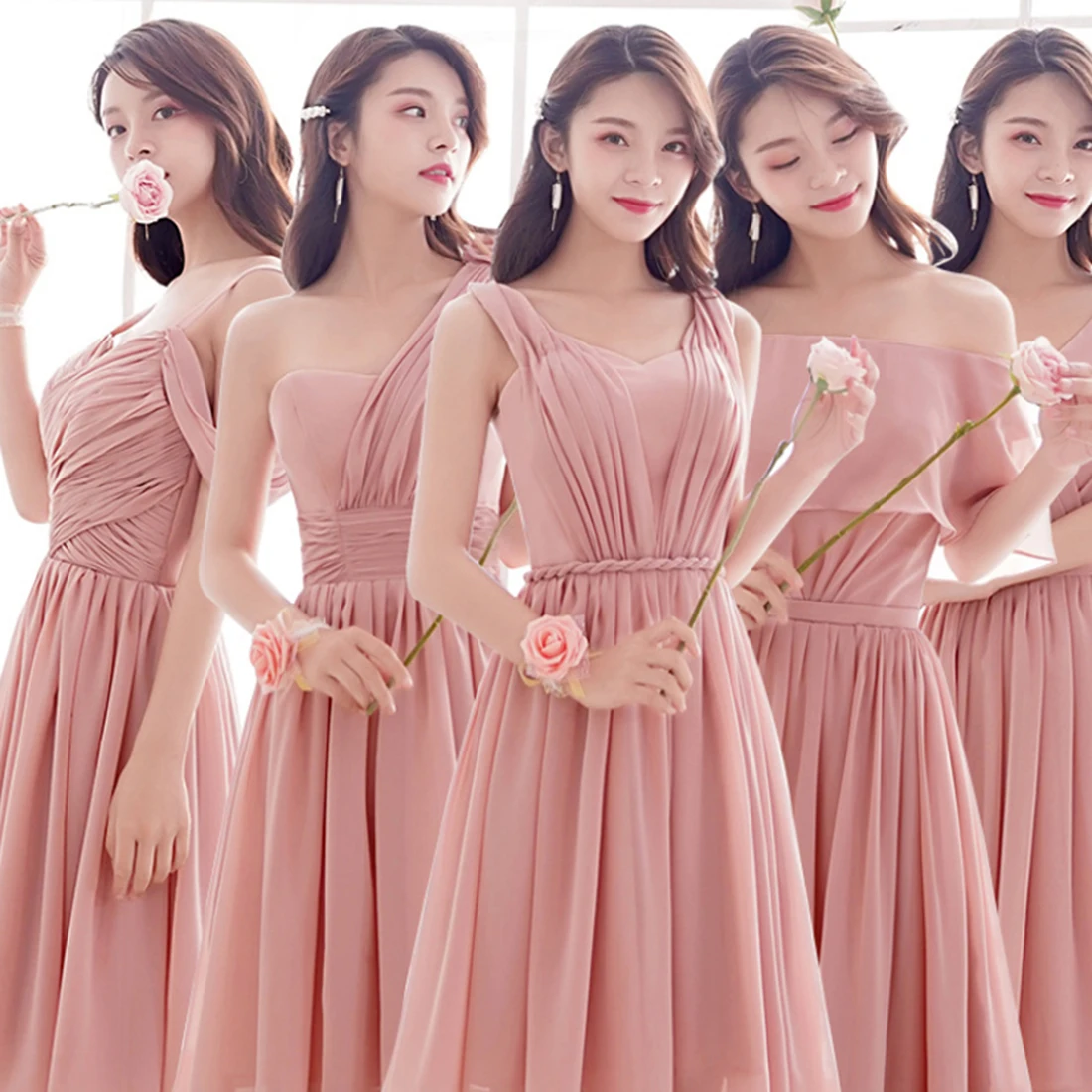 

Elegant Dress Women For Suknie Sister Group Pink Bridesmaid Dress One-Shoulder Lotus Leaf Collar Party Prom Dresses Short 3XL