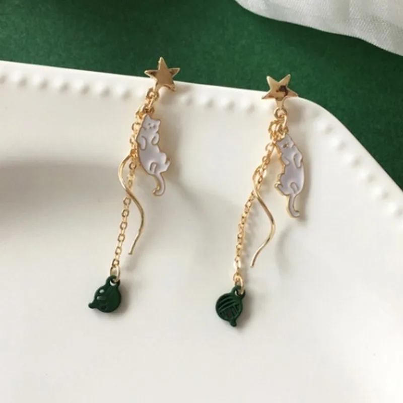 Chinese Style Folding Fan Crane Carp Lotus Asymmetrical Long Tassel Dangle National Style Earrings for Women Jewelry Gift