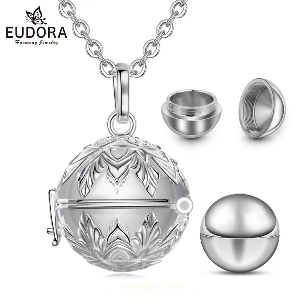 EUDORA Urn Cremation Pendant 18mm lotus opened Cage locket Ash Holder Keepsake capsule Necklace chime ball DIY fine Jewelry K408