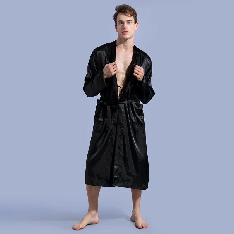 Men\'s V Neck Satin Robe Kimono Long Bathrobe Pajamas Nightgown Sleepwear Christmas Robe for Wedding Party T40