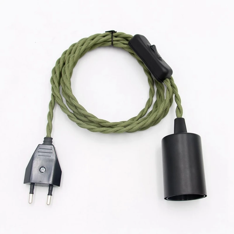AC 220V EU Plug Power Cords Vintage Fabric Twisted Cable with Inline Switch E27 Bulb Lamp Holder Hanging Lamp