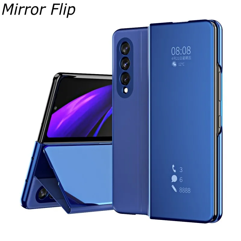 Smart Flip Case For Samsung Galaxy Z Fold 3 2 4 5 Mirror View Plating Plastic PU Leather Kickstand Shockproof Phone Cover Funda