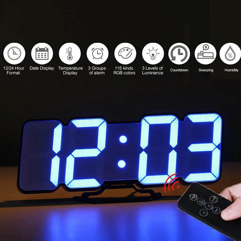 

Remote Control Digital Wall Clock 115 Colors LED Table Clock Sound Control Desk Alarm Clock Show Time Temperature Date Humidity