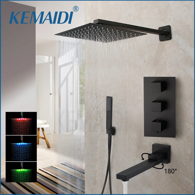 

KEMAIDI Thermostatic Mixer Bath Shower Mixer Tap 3ways Shower Faucet Wall Mounted Matte Black Rain Waterfall Shower Set