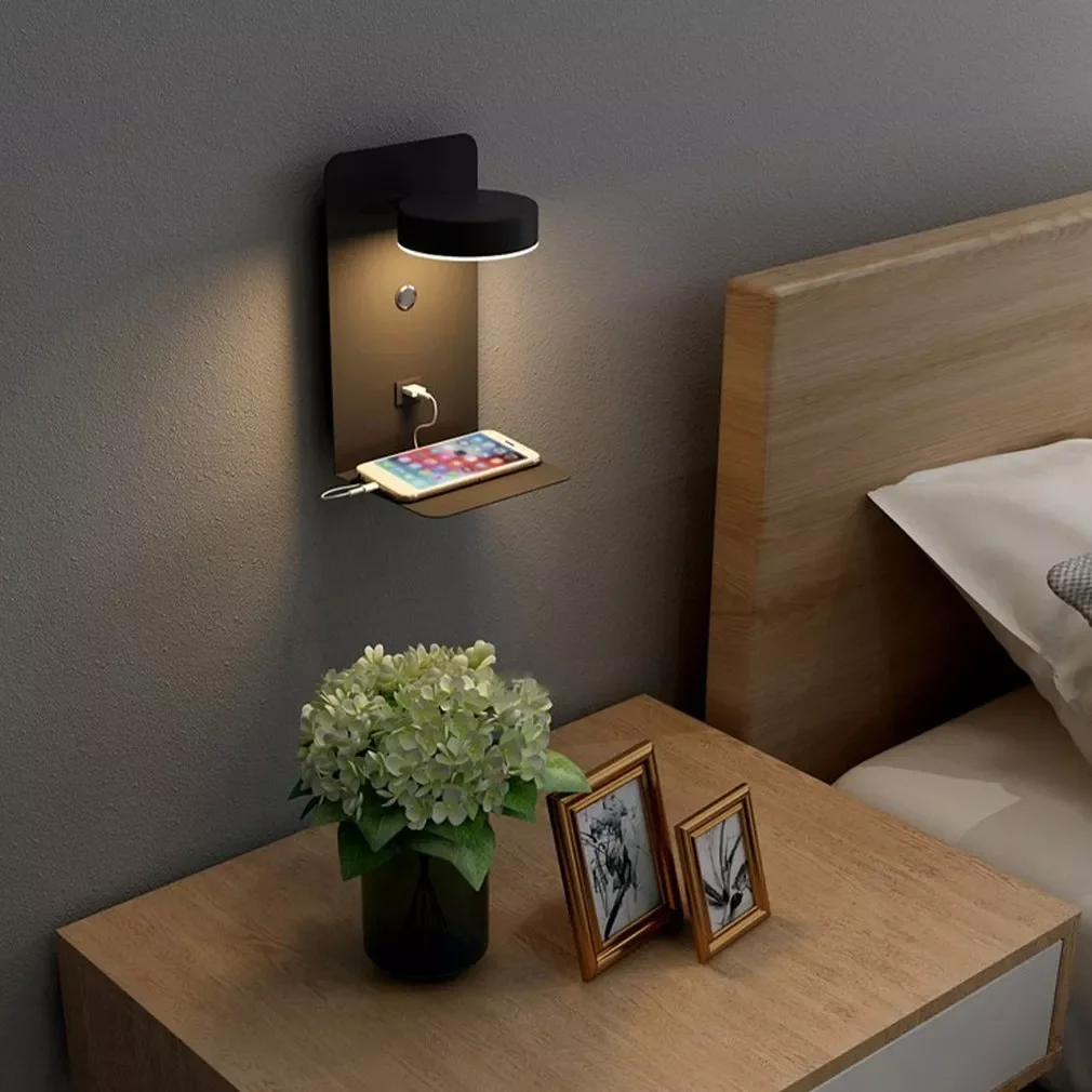 New LED Wall Lights With USB Charge Port And Switch Nordic Modern Bedroom Bedside Parlor Study Reading Rotatable Light Fixture
