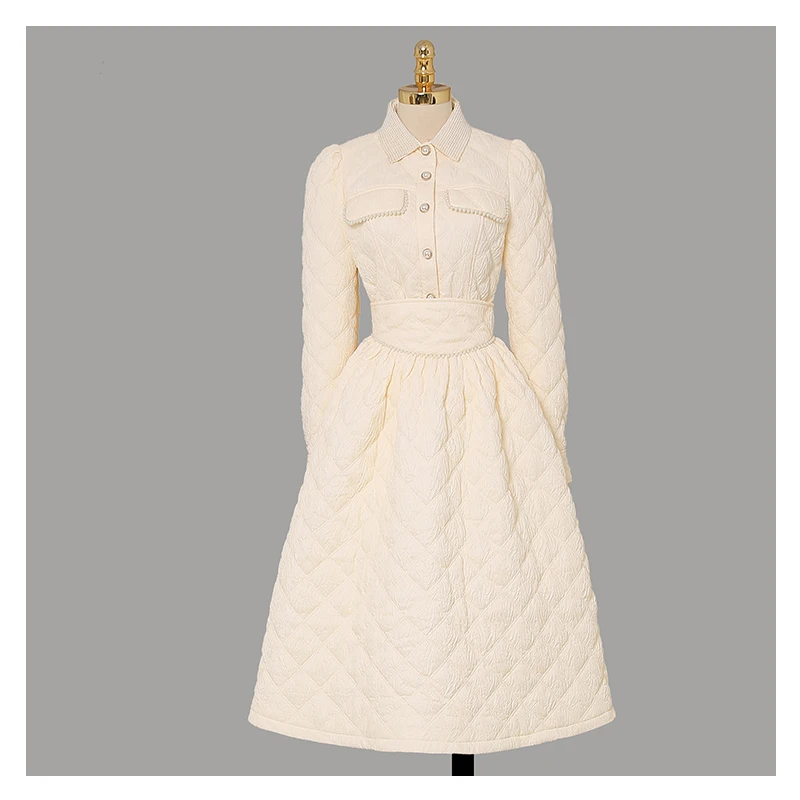 Winter 2021 New Fashion Women's Elegant High-quality Cream Yellow Cotton Jacket Long Half Skirt Waist Cotton Jacket Suit