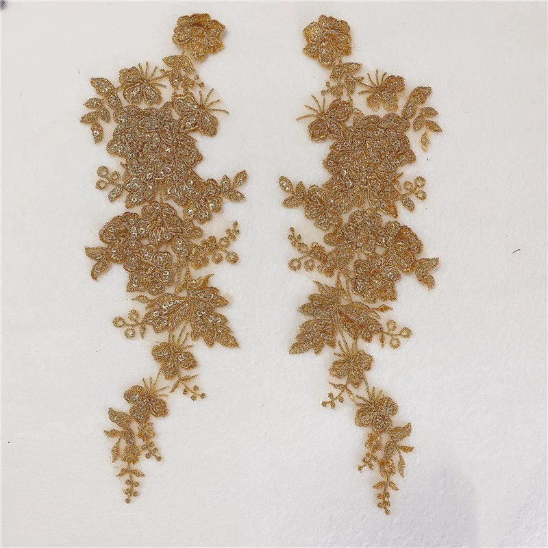 2Pcs Sequin Flower Embroidery Patches Bridal Lace Applique Sewing Fabric Red Green Golden DIY Wedding Dress 9x34cm