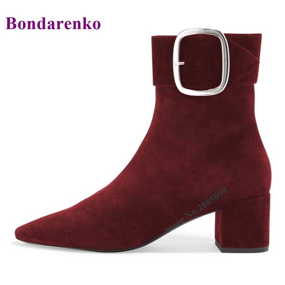 Buckle Chunky Heel Ankle Boots Suede Solid Pointed Toe Side Zipper Fashion Women Autume Winter Party Dress Boots Shoes Burgundy