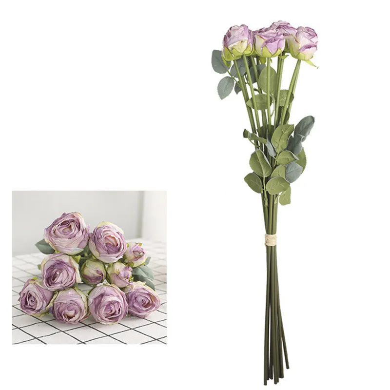 10Heads/bunch Luxury coked edge roses with leaves artificial flowers flores artificiales bouquet mariage roses