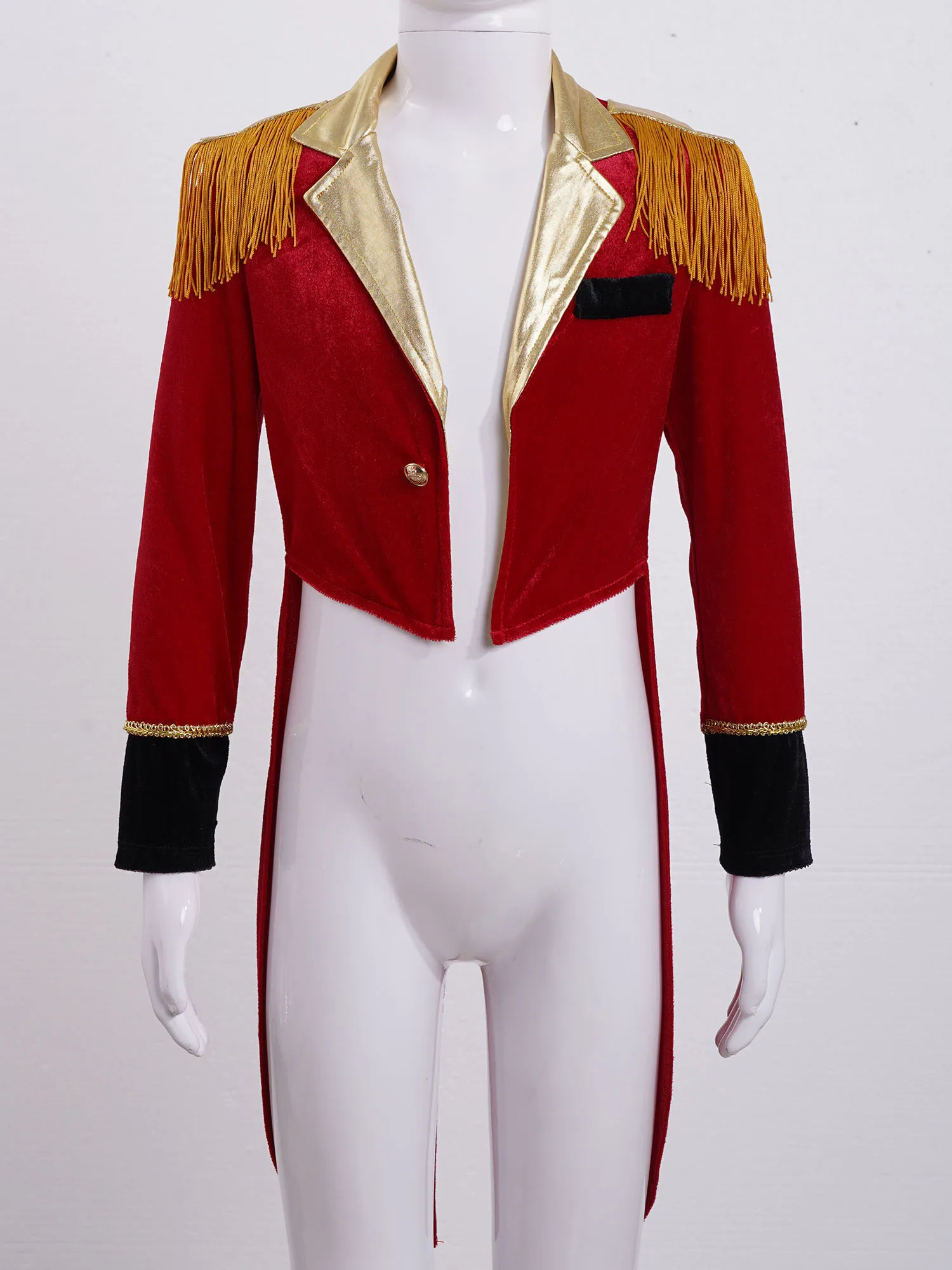 Costume de Cosplay de cirque pour enfants, rouge, à manches longues, glands ornés, manteau à ourlet plongeant, tenue de carnaval, de noël et d'halloween