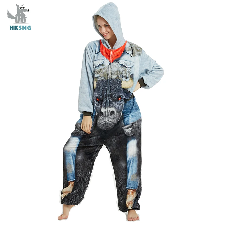 

HKSNG New Monster Bull Onesie Kigurumi Flannel With Zipper 3D Print Animal Winter Pajamas Adult Halloween Party Costume Jumpsuit