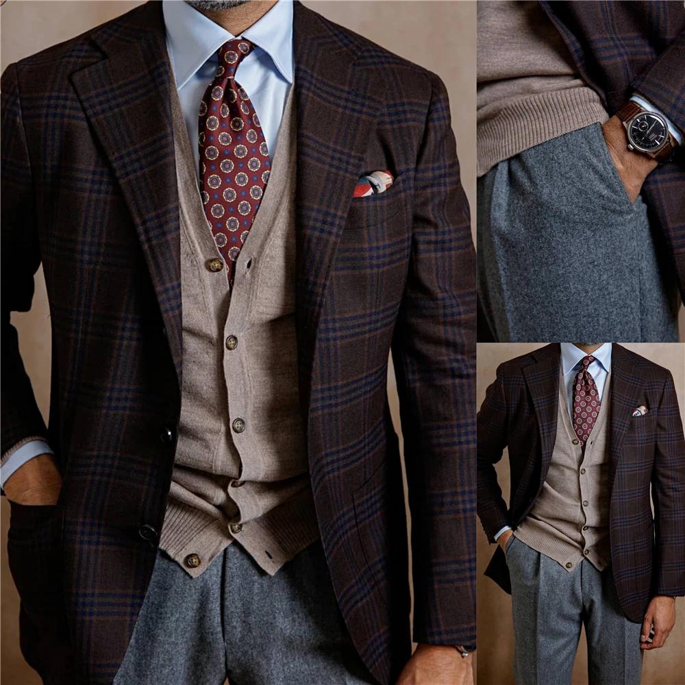 Winter Suit Jacket Plaid Woolen Smart Casual Singal Breasted Notched England Style Wram Top Thick Man