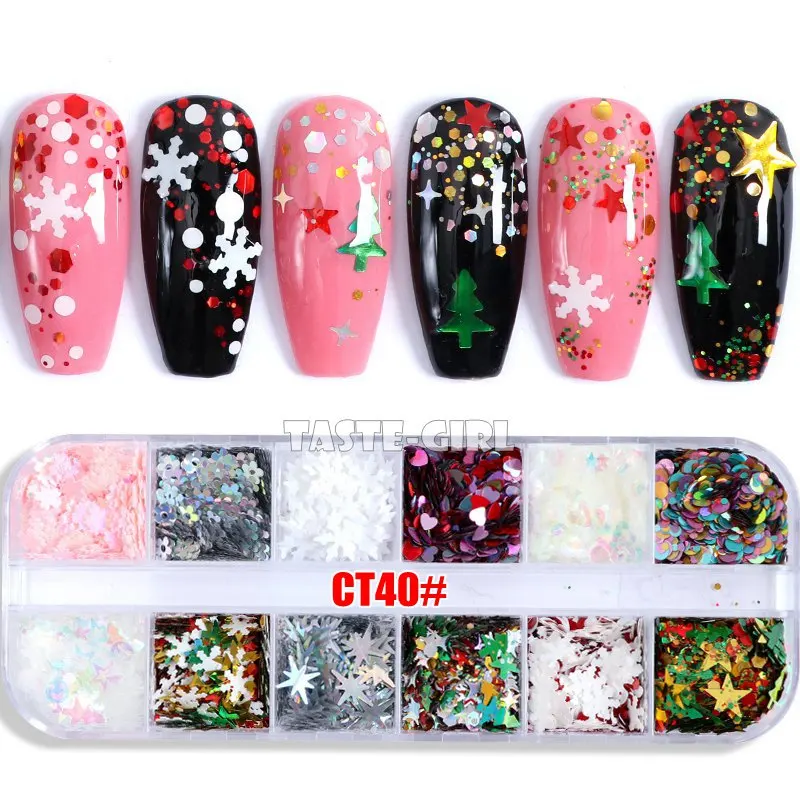 Mix Christmas Snowflake Xmas Tree Starlights Holo Nail Glitter Sequins Nail Art Slice Stickers Decoration 12 Grids/Box Or 1 Jar
