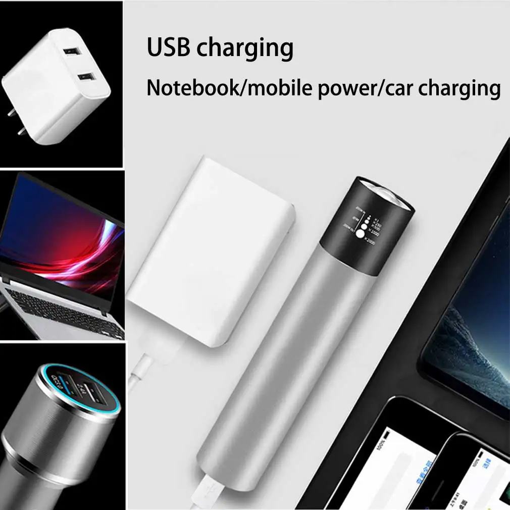 USB Rechargable Flashlight Mini LED Waterproof Torch Telescopic Zoom Portable Night Lighting for Outdoor camping hiking