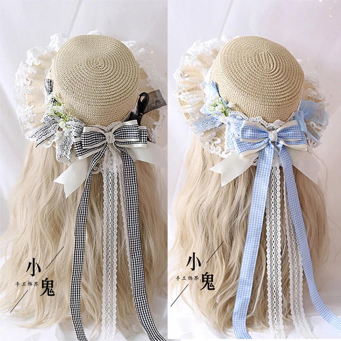 

Lattice Lolita Straw Hat Japanese Wild Hipster Pastoral Long Streamers Sweet Bow Sunshade Hat