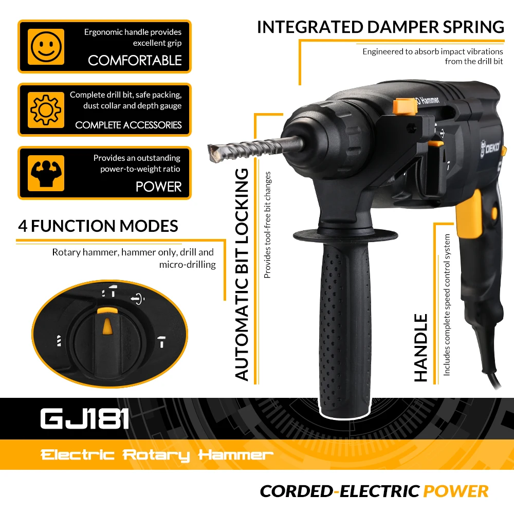 DEKO GJ181 220V 26mm 4 Functions AC Electric Rotary Hammer with BMC and 5pcs Accessories Impact Drill Power Drill Electric Drill
