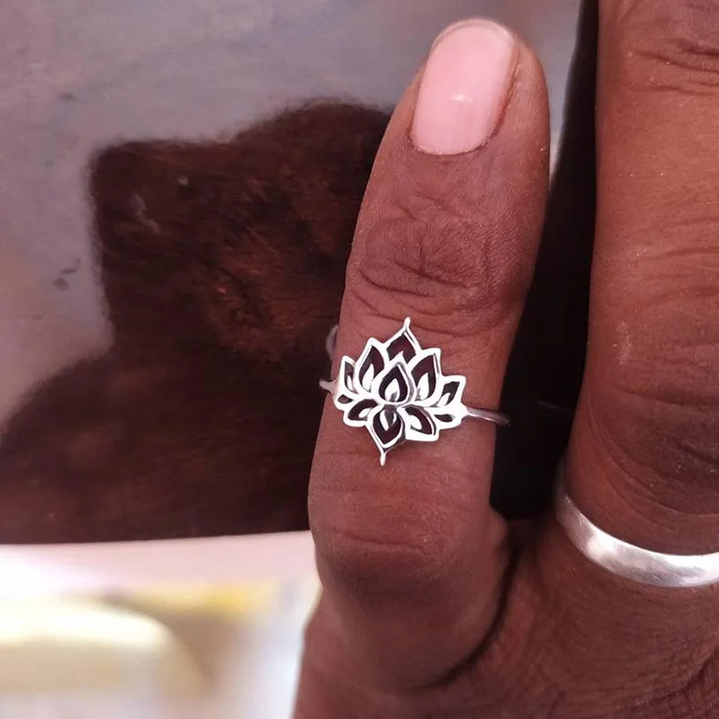 ICFTZWE Lotus Rings For Women Stainless Steel Vintage Flower Lotus Ring Femme Jewelry  Wedding Promise Rings Female Gift