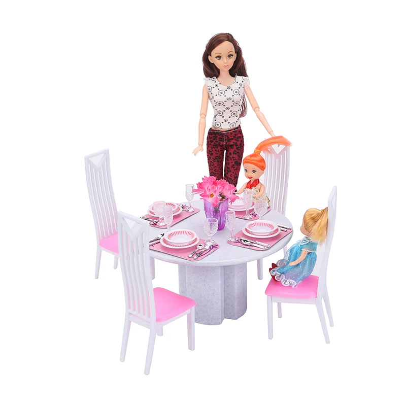 New for barbie furniture mini dining table chair play set doll house 1/6 bjd bonecas home accessories toy living room Girl gift