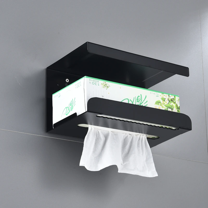 Black Aluminum Rustproof Bathroom Toilet Paper Holder with Phone Shelf, Wall Mounted Tissue Storage Rack Tissue Box Organizer