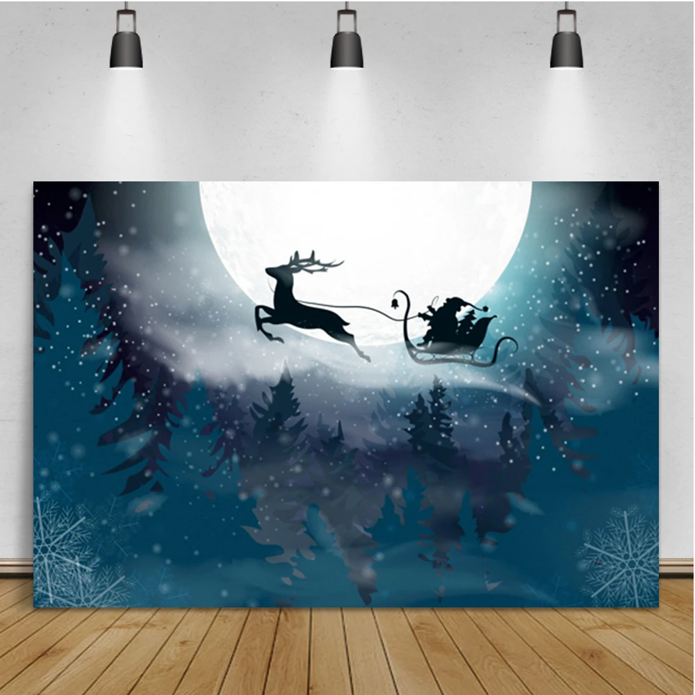 Laeacco-Fondo de foto de Navidad, ventana falsa, paisaje de bosque de invierno, luna de Santa, fondo fotográfico para estudio fotográfico