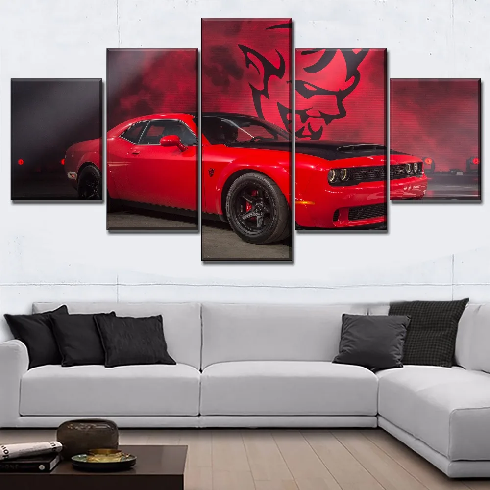 5 Panel Red Muscle Sports Car Dodge Challenger Poster Canvas HD Print Paintings Decoration Modern Wall Art Home Decor Pictures