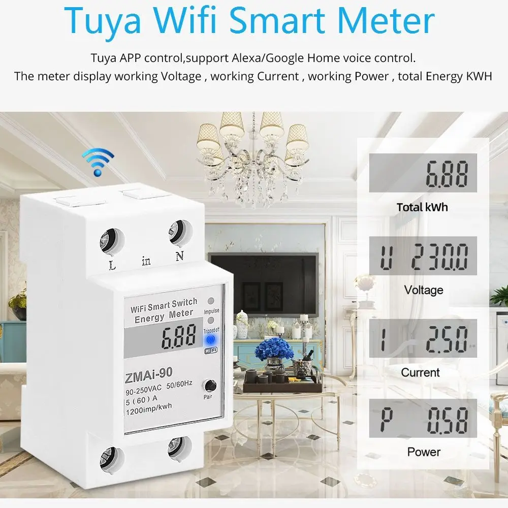 WiFi Smart Power Energy Meter Consumption Watt kWh Meter Voltmeter 90-250V Din Rail Remote Switch Control TUYA Alexa Google Home