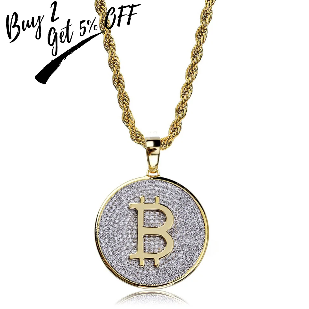 TOPGRILLZ Gold Color Iced Out Round Micro Pave Full Cubic Zircon Big Bitcoin Pendant Necklace Charm For Men Women HipHop Jewelry