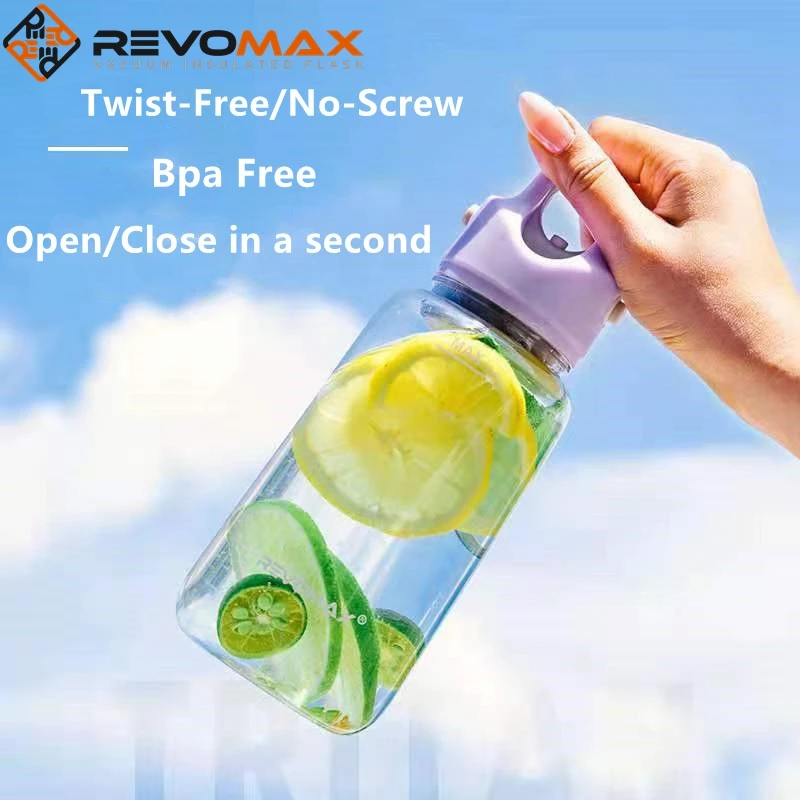 RevoMax No Screw /Twist-free Transparent Plastic Water Bottles BPA Free Summer Portable Tritan Big Belly Sports Travel Tea Cup