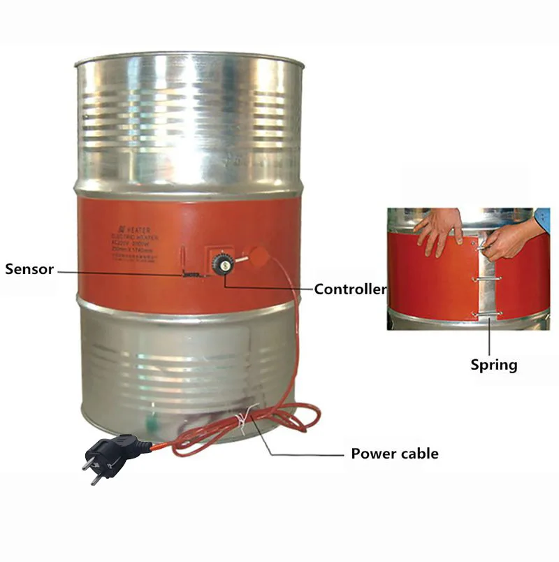 Pita pemanas Drum silikon 220V 110V 20-200l selimut pemanas minyak Biodiesel tangki Gas barel logam plastik dengan kenop pengontrol suhu