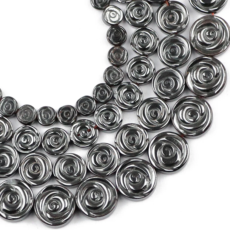 JHNBY Roses Flowers Black Hematite 6/8/10/12MM Natural Stone Flat Round Loose Beads For Jewelry Bracelet Making DIY Accessories