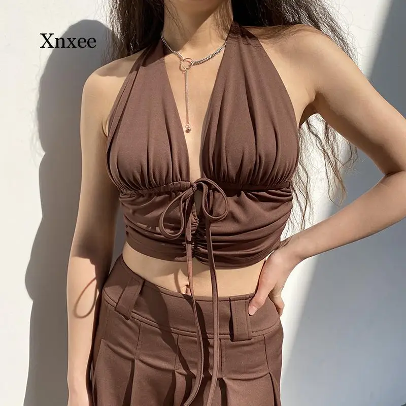 Coffe V Neck Backless Sexy Halter Top Summer Y2K Ruched Cropped Milkmaid Tops Tees Tie Up Fashion Tank Top 90S Streetwear Dress