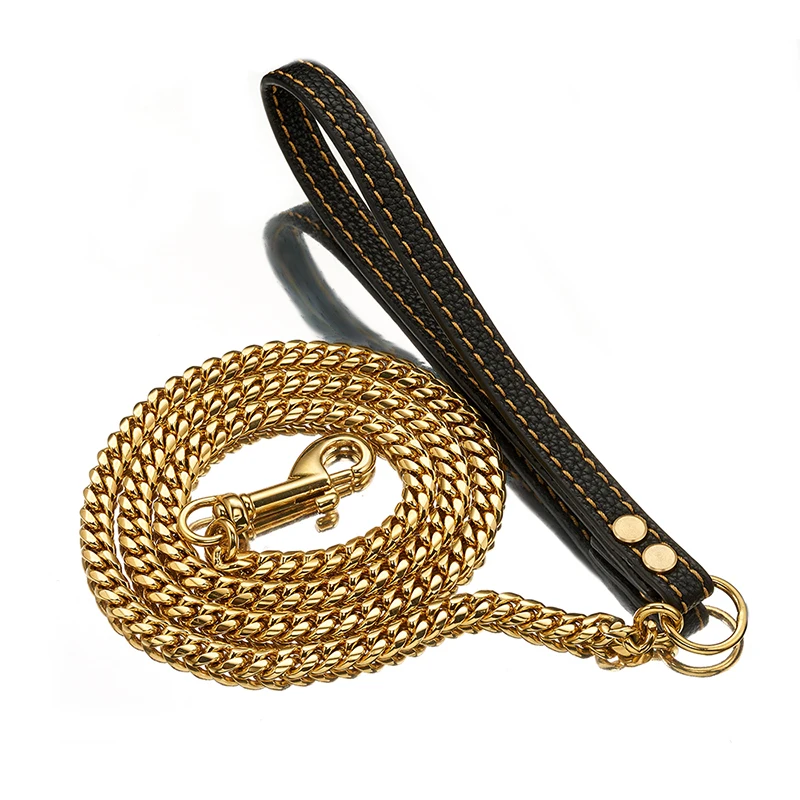 10mm Dog Hauling Cable Gold Stainless Steel Metal Band Sturdy And Durable Leather Shake Hands Fashion Dog Accessories