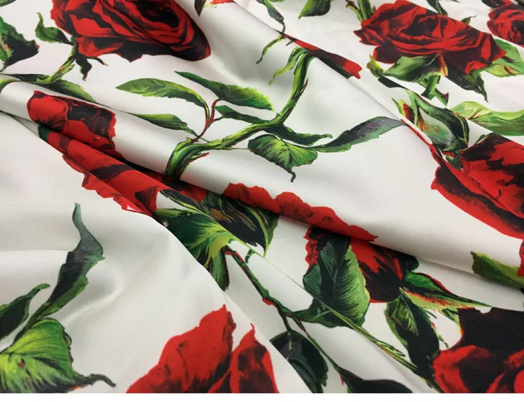 Europe and America Red Rose Flower Printed Imitate Silk Satin Or Chiffon Fabric For Woman Dress Blouse DIY Cloth Sewing