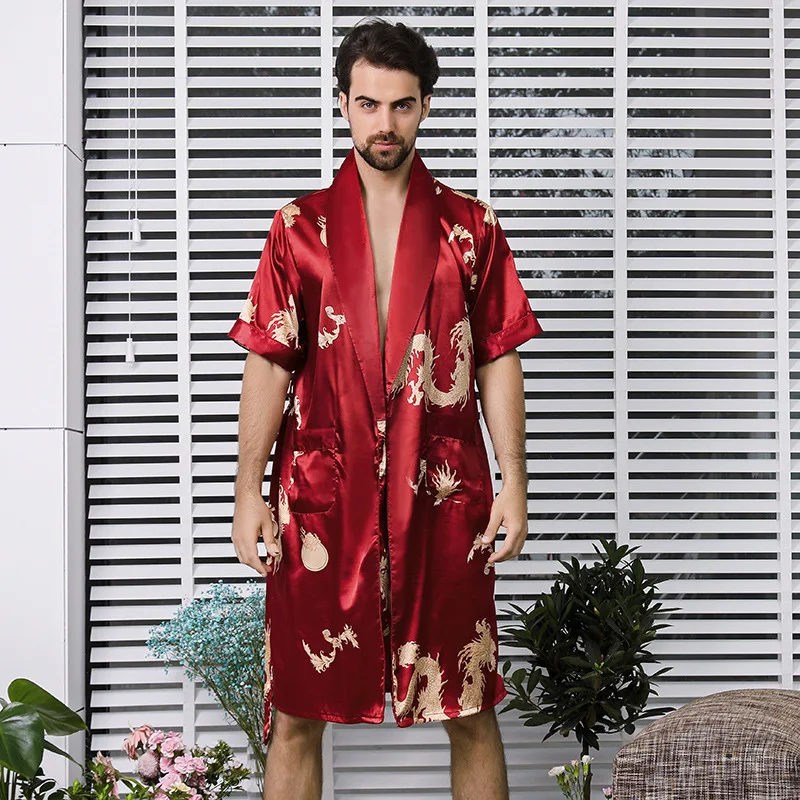 

Men'S Silk Single Robe Summer Thin Short-Sleeved Pajamas Large Size Bathrobe Lounge Negligee Nightdress 5XL One Piece