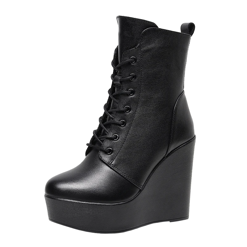 GKTINOO 2024 Fashion Genuine Leather Autumn Winter Boots Platform Wedges High Heel Boots Black Women's Boots Plus Size 33-43