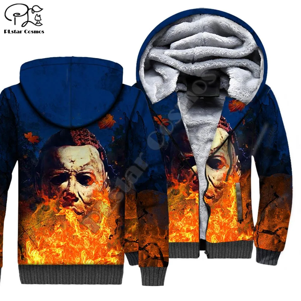 PLstar Cosmos Michael Myers Halloween 3D Print Winter Clothing Casual Warm Hood Thick Coat Zipper Man Fleece Hoodies Jacket M-6