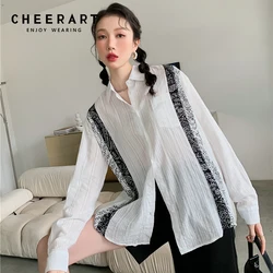 CHEERART Ribbed White Long Sleeve Button Up Shirt For Women Korean Fashion Casual Designer Top Collared Shirt Blouse Fall 2021