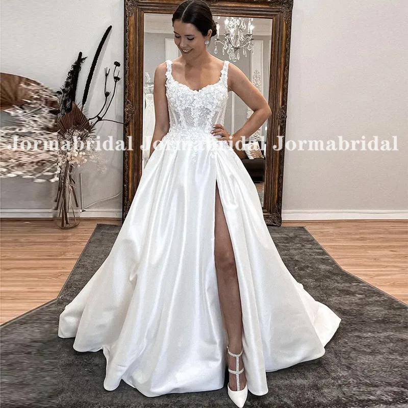 

High Slit Wedding Dresses With Strap White Sweetheart Neck Custom Made Illusion Bodice Satin Skirt Bridal Gowns vestido de novia