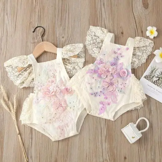 Bebê recém-nascido Meninas Crochet Lace Romper, Criança Voar Manga, Colarinho Quadrado, Tie-Up Playsuit, Macacão Bordado Floral, 0-24M, Verão