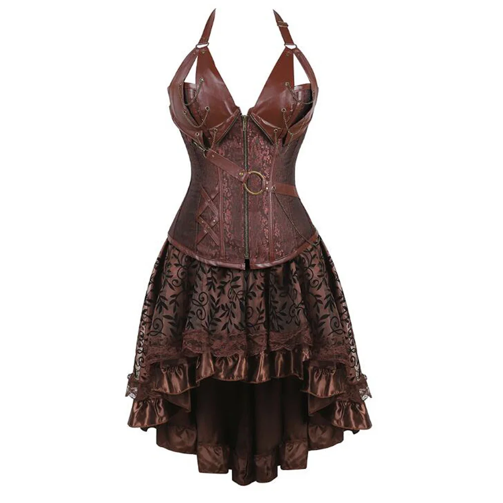 Sexy Gothic Punk Buckles Leather Bustier Corset Dress Women Burlesque Pirate Costume Plus Size Victorian Vintage Retro Dresses