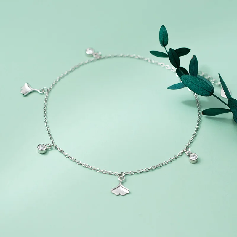Decoration On Foot Jewelry Silver Anklets For Women Bobby Socks Chain 925 Sterling Silver Apricot Leaf 21CM Adjustable